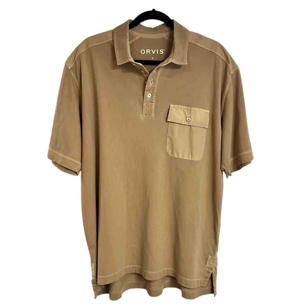 Orvis Garment Dyed Short Sleeve Polo Shirt Patch Pocket Brown Mens Size XL